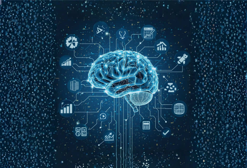Representação da Inteligência Artificial (IA) analisando dados financeiros para a contabilidade estratégica.
